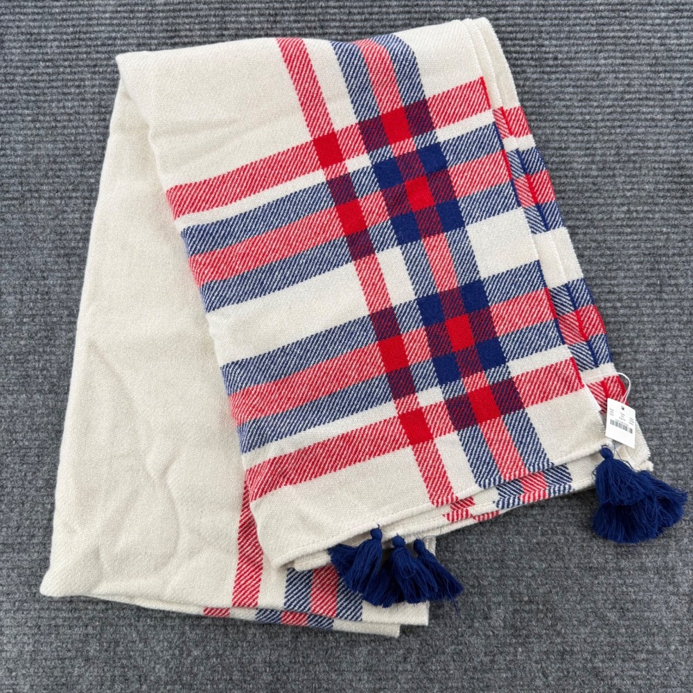 J.Crew Plaid Wool Blend Scarf Ivory Red Blue Tassel Trim NWT